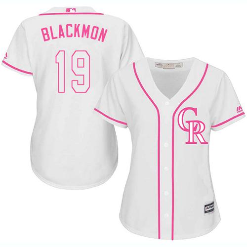 Rockies #19 Charlie Blackmon White/Pink Fashion Women's Stitched MLB Jersey - Click Image to Close